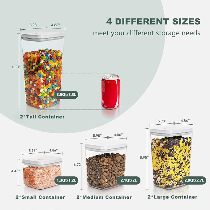Airtight Food Storage Containers, 8-Piece Pantry Organizer Set | One-Touch Pop-Top Lids, Clear Stackable Bodies and Measurement Marks for Flour, Sugar, Cereal, Pasta, Oats and Dry Snacks