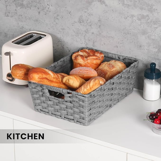 Onlytak Large Wicker Storage Basket, Metal Frame, Set of 2, Washable Waterproof, 15" x 10.3" x 5.2", Grey Color, Woven Basket for Pantry, Toilet, Bathroom, Bedroom, Patio