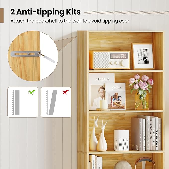 Giantex 6-Tier Bookcase Set of 2, 70" Tall Wooden Bookshelf, Freestanding Storage Organizer w/Open Shelves, Anti-Tipping Kits, Modern Floor Standing Display Shelves for Living Room,Burlywood