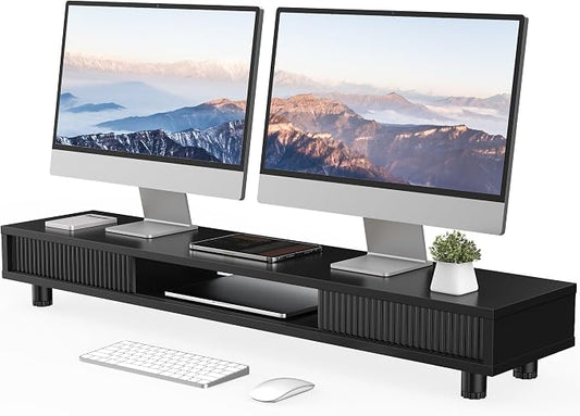 Fenge Dual Monitor Stand with Storage, Desk Shelf with Glass Sliding Door | Ergonomic Height Adjustment, 42.5in Monitor Shelf, 2-Tier Monitor Riser, Desk Organizer for Screen, PC, Laptop, Balck