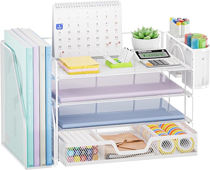 Marbrasse 4-Tier Paper Tray Organizer with Drawer and Pen Holder, White | Metal Mesh Desk Organizer, Built-in Drawer & 2 Pen Slots, fits letters/Files, for School Home Office Supplies
