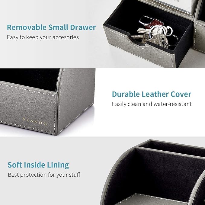 VLANDO Office Desk Organizer Leather Desktop Organizer Caddy with Drawer for Storing Desktop Supplies and Accessories (Grey Set) | Grey leather desk organizer set combines divided desktop storage and a pull-out drawer for office supplies and accessories