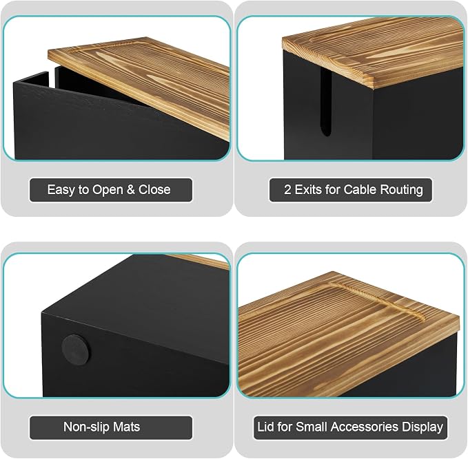 Bivvclaz Cable Management Box Medium, Wooden Cord Organizer Box for Desk, Floor, Office to Hide Extension Cords Power Stripes Surge Protectors Chargers Wires, Black