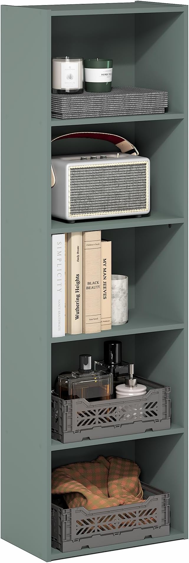 Furinno LUDER Book Shelf, 5-Tier Bookshelf, Bookcase with Open Shelves, 9.4 x 15.8 x 52, Easy Assembly, for Living Room, Bedroom, Home Office, Sage Green