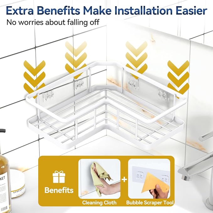 YASONIC Corner Shower Caddy Adhesive, 100% Rustproof Shower Organizer, No Drill Shower Shelf for Inside Shower, Wall-Mounted Shower Storage for Homes (2 Pack, White)