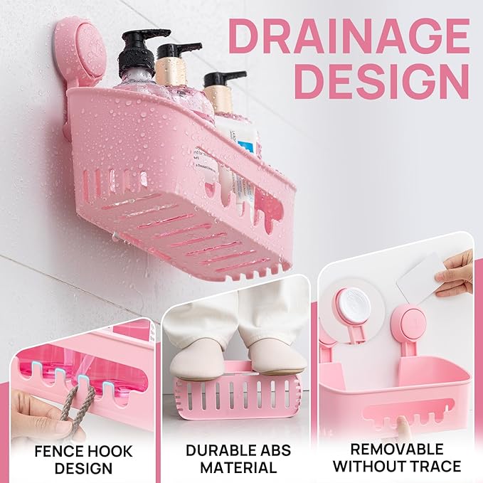 LEVERLOC Shower Caddy Suction Cup,Shower Organizer Bathroom Shelf,Pink 2pcs