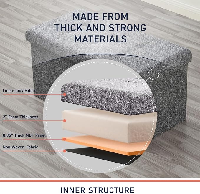Ornavo Home 30 Inch Folding Storage Ottoman Bench, Tufted Linen, Gray | Upholstered Large Ottoman with Lid; Foot Rest Stool; Ideal for Bedroom, Living Room or Entryway