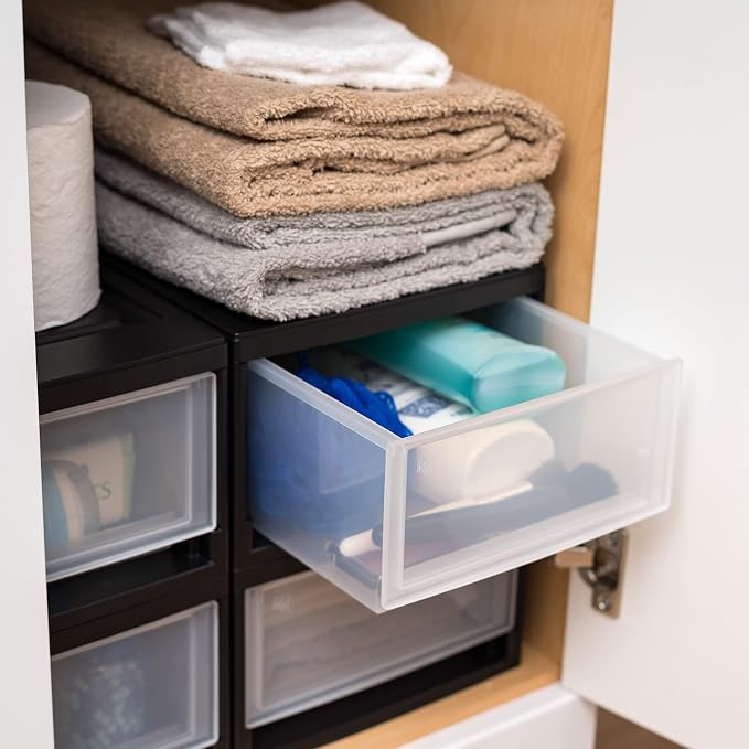 IRIS USA 2-Pack, 6 Qt. Small Stacking Drawer Storage Organizer, Black | Keep craft supplies, accessories, office items, and small essentials organized around your home for easy everyday storage