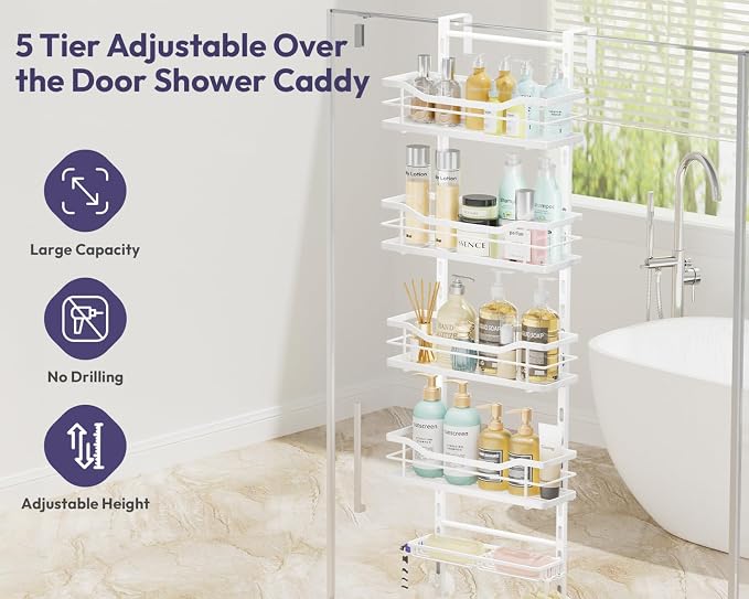 SWTYMIKI Over the Door Shower Caddy - 5 Tier Adjustable Shower Organizer Hanging with Soap Holder, No Drilling Stainless Steel Bathroom Rack Hanging for Body Wash, Shampoo, Soap, Razor, White