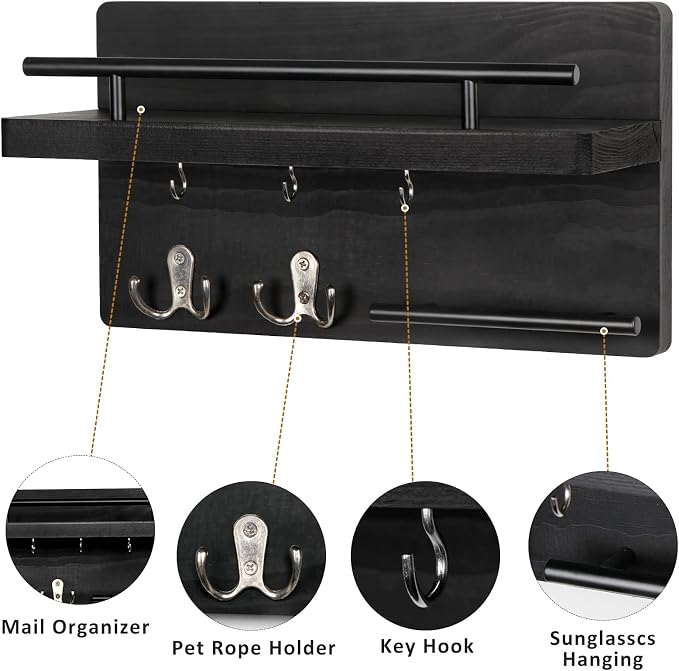 OurWarm Key Holder for Wall Decorative with 5 Key Hooks, Wall Mounted Key Hangers for Wall with Mail Key Rack, Wooden Mail Organizer with Shelf