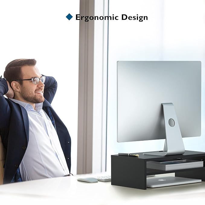 BONTEC Wooden Monitor Stand Riser for Desk, 2-Tier Computer Monitor Stand | 66 lbs Desk Shelf Organizer with Storage, Laptop & Printer Stand with Phone Holder and Cable Management, Black, 16.5 Inch