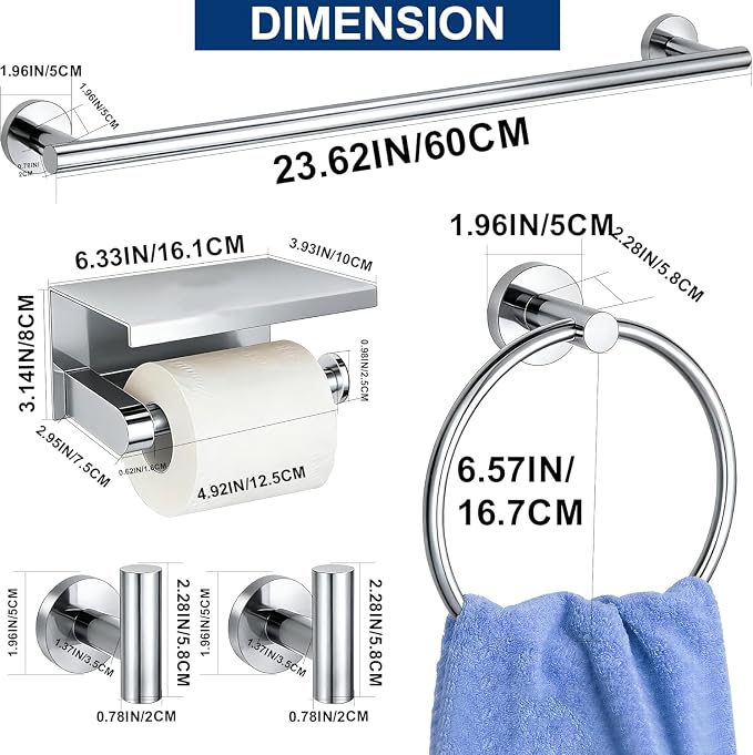 5 Pieces Polished Chrome Bathroom Hardware Accessories Set, SUS304 Stainless Steel 24 Inch Bath Towel Bar Set, Round Bathroom Towel Holder Set, Towel Racks for Bathroom Wall Mounted