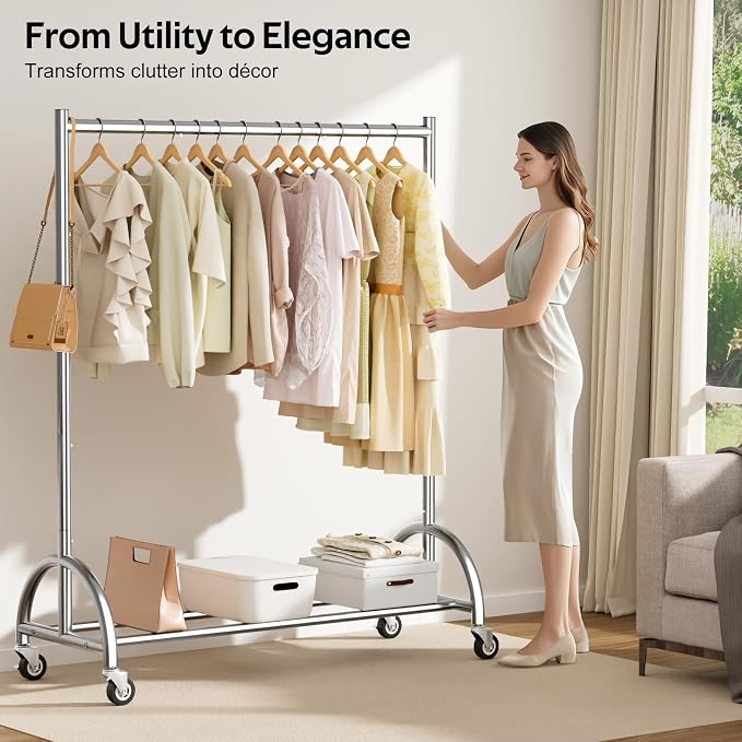 MISSLO Heavy Duty Clothing Rack with Wheels Rolling Clothes Racks for Hanging Clothes, Coats, Garment, Dress, Silver