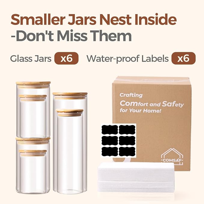ComSaf Glass Storage Jars 6 Pack, Pasta Containers, Pantry Organization | Tall Glass Jar, Storage Containers Set of 6 (2Qt/1.1Qt/1Qt*2/0.5Qt*2), Kitchen Canisters, Pantry Storage, Spaghetti, BPA Free