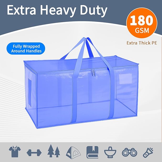 12 Pack-Extra Large Heavy Duty Moving Bags - Waterproof Storage Totes with Handles & Zippers, Foldable for College Dorm, Storage (Blue)