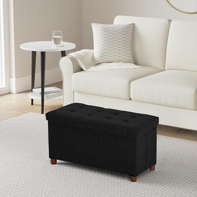 30 Inches Storage Ottoman Bench, Storage Bench with Wooden Legs for Living Room Ottoman Foot Rest Removeable Lid for Bedroom End of Bed, Linen Fabric, Folding Black Ottoman