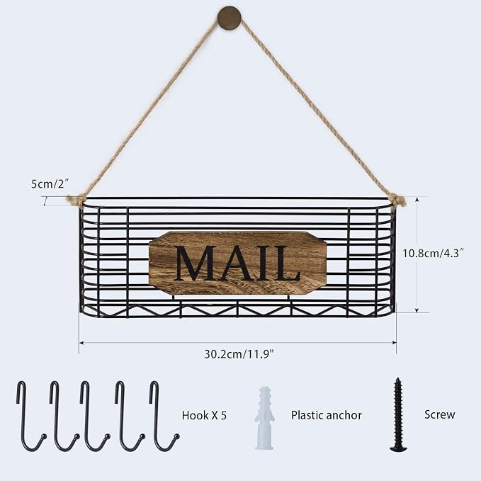 SRIWATANA Mail Organizer Wall Mount, 5 Key Hooks, Large, Carbonized Black | Mail Holder Key Holder for Wall, Hanging Mail Sorter, Letter Basket for Receipts Bills Envelopes, Home & Office Organizer