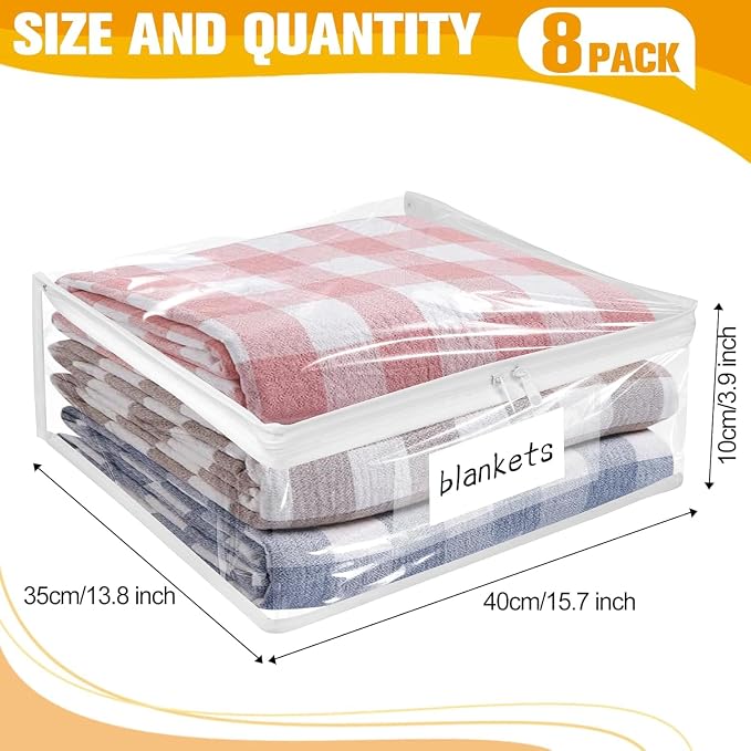 Kikerike Plastic Storage Bags with Easy-Glide Zipper, Pack of 8, Durable Clear Vinyl Zippered Storage Bags for Clothes Sweaters Comforters Blankets Sheets Bedding (15.7 x 13.8 x 3.9 Inch, White)