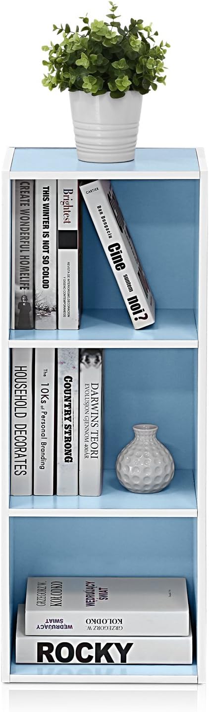 Furinno LUDER Book Shelf, 3-Cube Bookshelf, Bookcase with Open Shelves, 9.3 x 12 x 31.5, Easy Assembly, for Living Room, Bedroom, Home Office, White/Light Blue