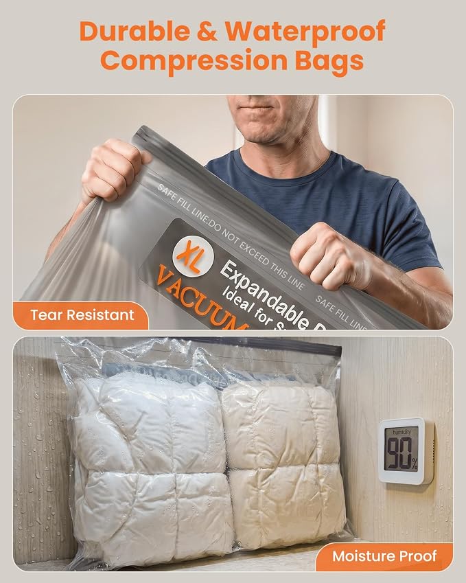 15 Pack XL Vacuum Storage Bags with Rechargeable Cordless Pump, Vacuum Seal Bags for Clothing, Bedding, Blankets, Pillows and Comforters, Space Saver Compression Bags for Luggage Packing and Moving