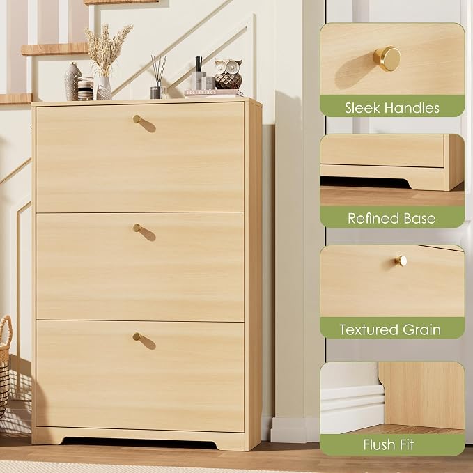 Nicetree Shoe Storage Cabinet, Slim Shoe Cabinet, Hidden Shoe Rack Cabinet, Shoe Storage Cabinet for Entryway, Hallway, Foyer, Natural Oak