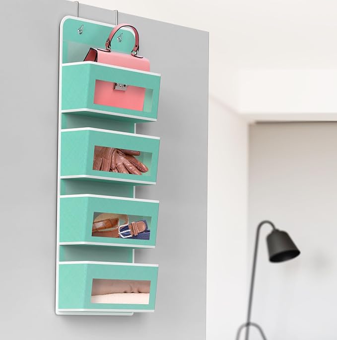 Simple Houseware 4 Clear Pocket Over Door Hanging Organizer, Turquoise | Over the Door Storage for Closet, Bedroom, Bathroom, Pantry