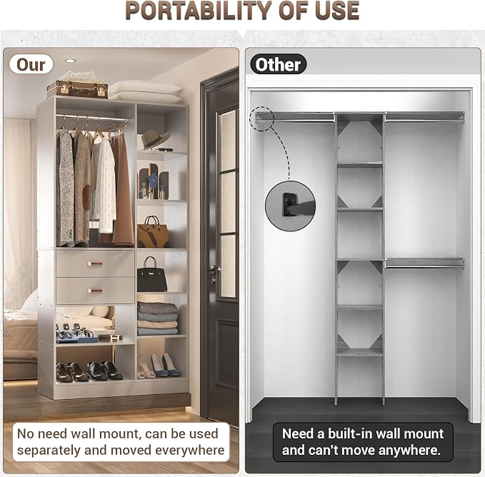 Freestanding Closet System, 40 Inches Stand-Alone Wardrobe with 10 Shelves, 80'' Height Adjustable Cloth Garment Rack with 2 Wood Drawers, Wood Walk-in Closet with Hanging Rod, Grey