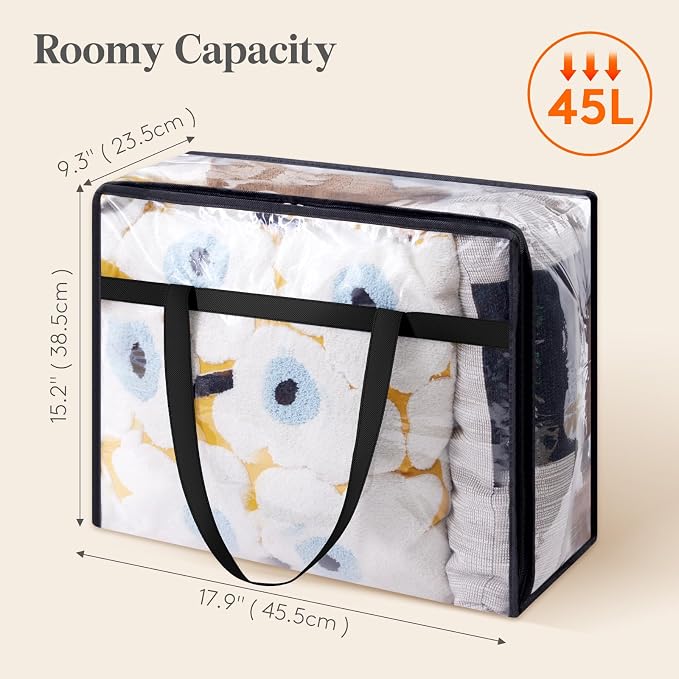 Lifewit 3 Pack Clear Clothes Storage Bags, 45L Plastic Blanket Storage Bag, Vinyl Foldable Moving Bags with Zipper, Closet Organizers and Storage Containers for Bedding, Duvet, Comforter