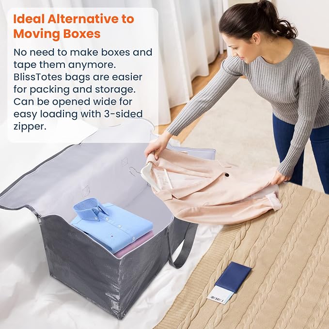 BlissTotes Large Moving Bags, Storage Bags, 125L-6 Pack | Moving Bags with Zipper, Handles Moving Supplies with lids, Heavy Duty Totes for Storage Bags, Space Saving, Moving Totes