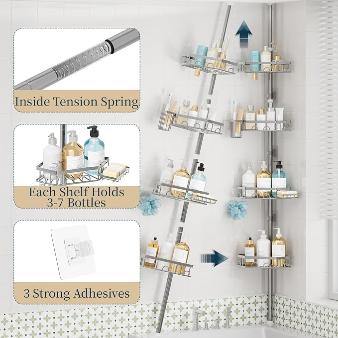 Consumest Shower Caddy Tension Pole, Shower Caddy Corner, Silver, 4 Tier | 304 Stainless Steel Rustproof, Adjustable 27.6-108.3 Inch, Corner Shower Shelves, Brush & Soap Holder
