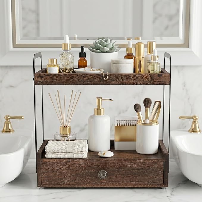 2-Tier Bathroom Counter Organizer with Drawer, Wooden Vanity Countertop Organizer for Makeup Perfume Cosmetics Skincare, Counter Shelf for Bathroom Kitchen Restroom