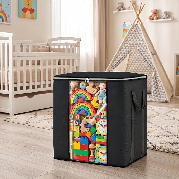 Blanket Storage Bags 120L for Comforter Clothes Bedding 2 Pack Black | Breathable 100 gsm Fabric, Clear PVC Window, Heavy-Duty Metal Zipper, 2 Reinforced Handles, Foldable for Closet Storage