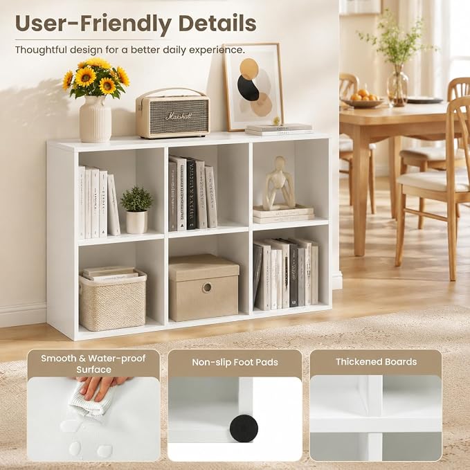 POWERSTONE 6 Cube Storage Organizer, Open Cube Bookshelf with Back Panels, Modern Display Cubby Bookcase for Bedroom Living Room Home Office, White