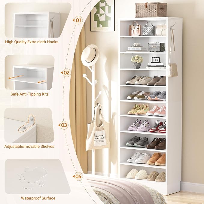 Aheaplus Tall Shoe Cabinet, 10 Tiers Narrow Wood Shoe Rack, Shoe Storage Organizer with Open Storage, Vertical Shoe Shelf Tower for 20-22 Pairs, Space Saving, for Closet, Entryway, Bedroom, White