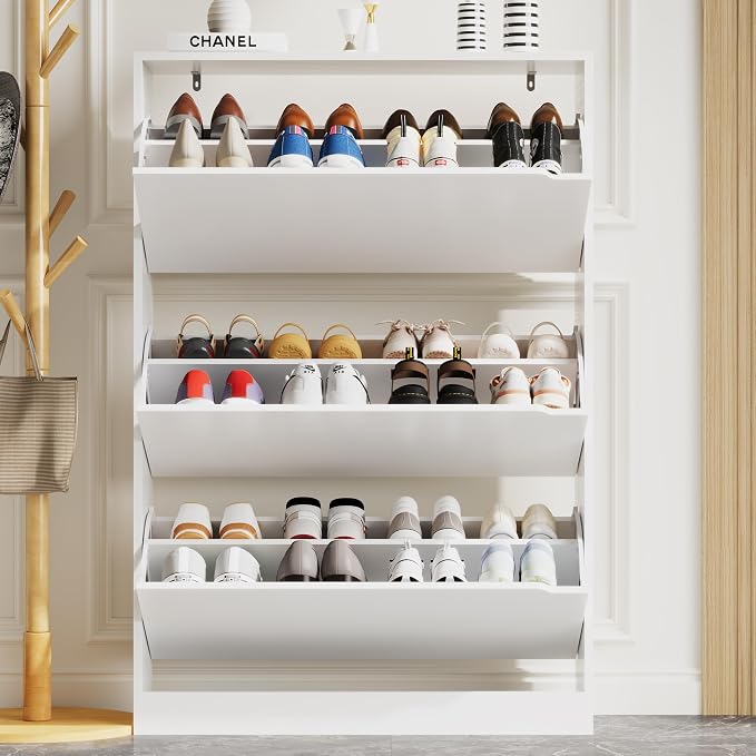 Xixini Shoe Storage Cabinet for Entryway with 3 Flip Drawers, Sturdy Wood Hidden Shoe Storage, Freestanding Narrow Slim Shoe Organizer for Front Door Entrance, Living Room, Hallway, Bedroom, White