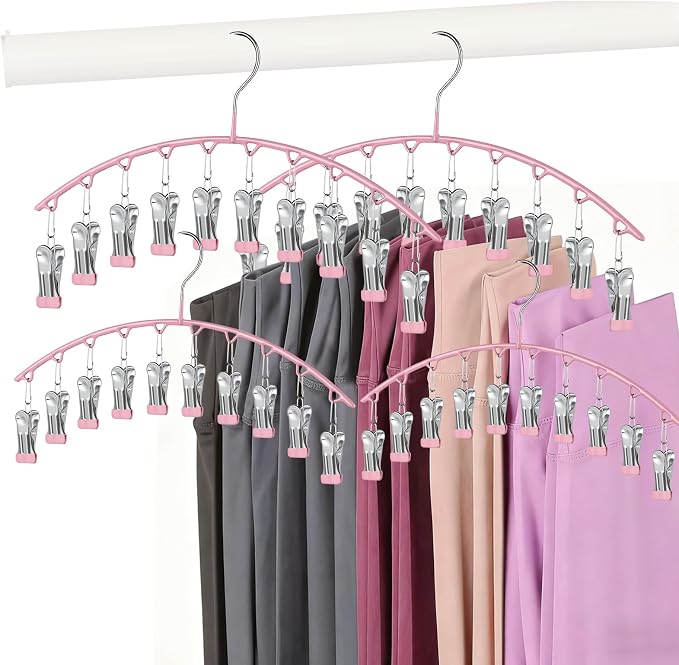 Legging Hangers for Closet Organizer, Hat Hangers for Closet 4 Pack with 10 Clips Holds 40 Leggings, Legging Hanger, Pants Storage Organizer Suitable for Socks, Panties, Underwear, Pants (4-Pink)