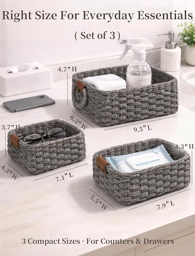 Small Wicker Baskets, 3 PCS Paper Rope Baskets for Shelves, Gray | Recycled Small Baskets, 3 Sizes Woven Baskets for Organizing, Decorative Storage Baskets for Bedroom and Bathroom