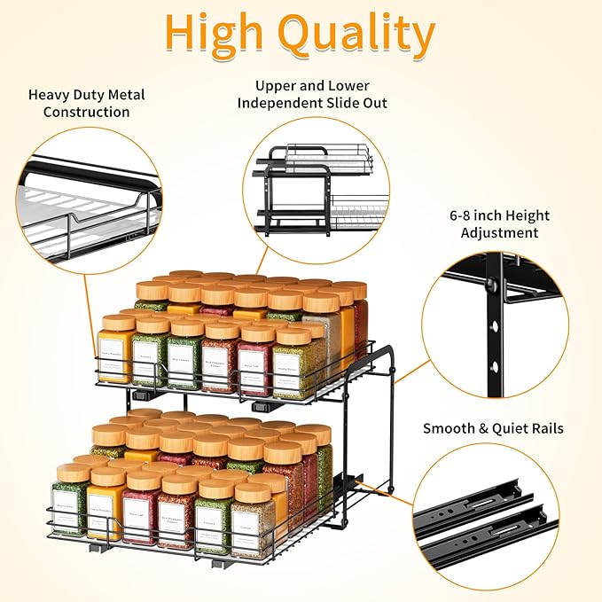 RCHYFEED 2 Tier Height Adjustable Pull Out Spice Rack,13.5" Wx10.5 Dx9.5 H | Heavy Duty Spice Organization for Cabinet Metal Slide Out Spice Rack for Cabinet & Pantry, for Seasoning,Sauces,Canned Goods