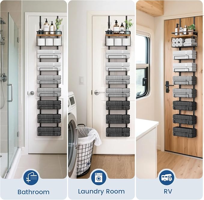 Aetyord Towel Racks for Bathroom Over The Door Towel Racks Towel Storage Organizer with Metal Shelf Basket for Bathroom Rv Camper (9-Tier Black with Wood Plank)