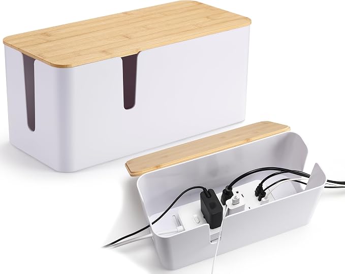 ZhiYo 2 Pack Cable Management Box, Large & XL, Power Strip Organizer, White | Extra-Tall Design for Oversized Adapters, Fits Power Strips Up to 13.4" Long, Natural Bamboo Lid, Ideal for Desks, TV Areas