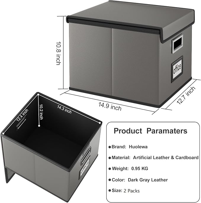 File Organizer Box with Lids, Collapsible File Folder Organizer | File Box with Plastic Slides for Document, Filing Bin for Letter Size Hanging File Folders (2 Pack, Dark Gray, Leather)