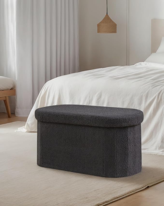 30 Inches Oval Storage Ottoman Bench, Foldable Footrest | Teddy Boucle Fabric, Hidden Storage, Soft Padded Seat, Compact Ottoman for Living Room, Bedroom, Dorm, Dark Grey