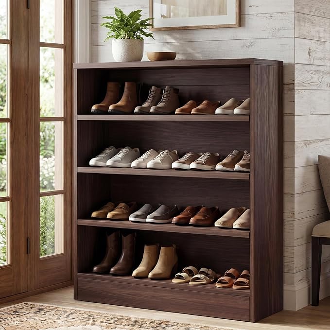 Shoe Cabinet, 5-Tier Modern Wood Shoe Storage, Dark Walnut | Organizer with 3 Adjustable Shelves for Entryway, Multi-Purpose Display Shelf & Storage Cabinet for Living Room, Bedroom