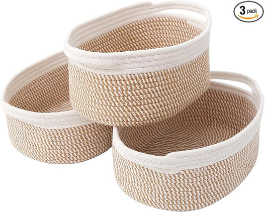 JMvicyroam Small Woven Basket, Empty Gift Basket, White&Brown Block/3 Pack | Small Gift Basket, Cotton Rope, 12 x 8 x 86 in, Handles, Includes Ribbon and Bag, Birthday Gift Basket