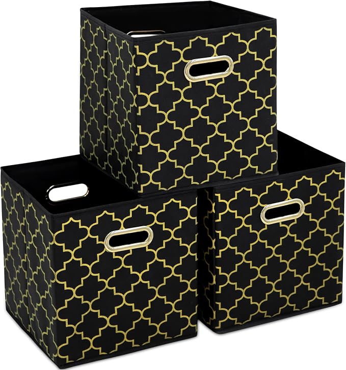 Fabric storage bins Cubes, Fabric Cube Organizer with Handle, Foldable Cube Bins for Cloth or Accessary Storage, 11x11x11, Set of 3, (Black Gold)