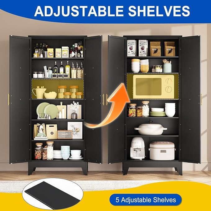 75" Metal Storage Cabinet with 2 Doors and 5 Adjustable Shelves,Black Farmhouse Kitchen Pantry Cabinet,Steel Garage Tool Cabinet,File Cabinetfor Home,Office,Dinning Living Room,Warehouse