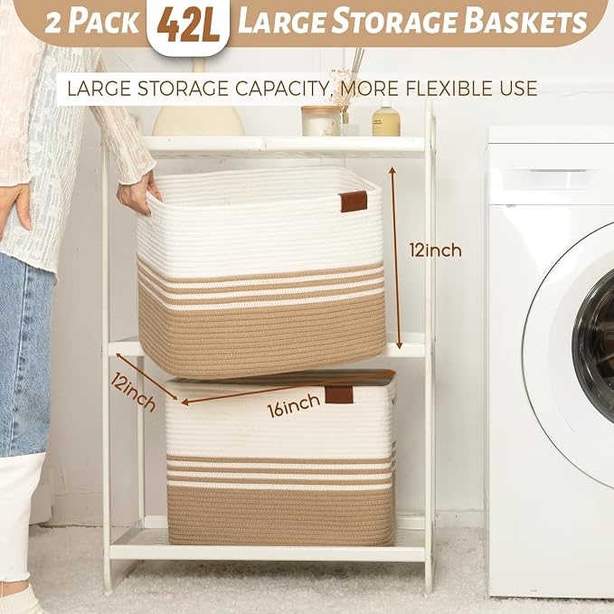 2 Pack Storage Baskets for Organizing, 16'*12"*12" Jute | Laundry Basket for Closet,Woven Rope Blanket Basket, Toy Basket for Living Room, Laundry Room, Bedroom