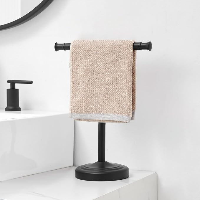 RUMOSE Matte Black Hand Towel Holder Stand Countertop Towel Rack | 13 Inch Bathroom Kitchen Vanity T-Shape Towel Stand Free Standing Stainless Steel Towel Bar Towel Ring