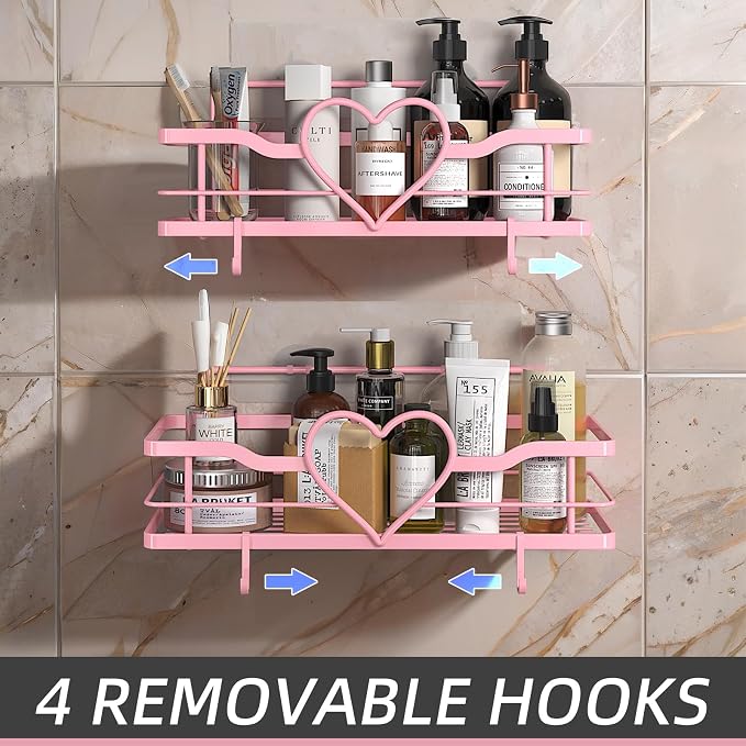 Pink Shower Caddy with 4 Removable Hooks, 2 Pack Sweet Heart Shower Shelves,No Drilling Adhesive Organizer Shelf for Bathroom Shower,Kitchen,Bedroom | Shower Shelf with 4 Removable Hooks,Holds 40 lbs,Rustproof Metal,For bathroom,kitchen,dorm,Cute Showe...