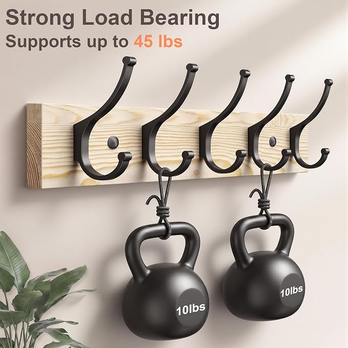 Optish 2 Pack Wooden Coat Rack Wall Mount, 16.1" Rustic Coat Hanger Hooks with 10 Double Hooks, Wall Coat Rack for Hat, Clothes, Bags, Jacket, Natural Wood